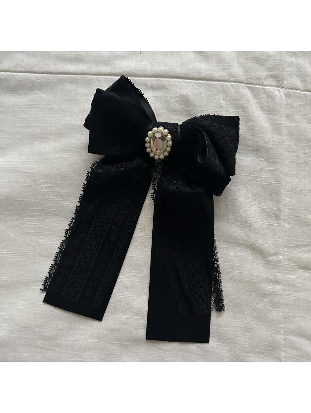 Black Lace Ribbon Hair Bow Pearl Rhinestone Brooch Oversized Gothic Japan